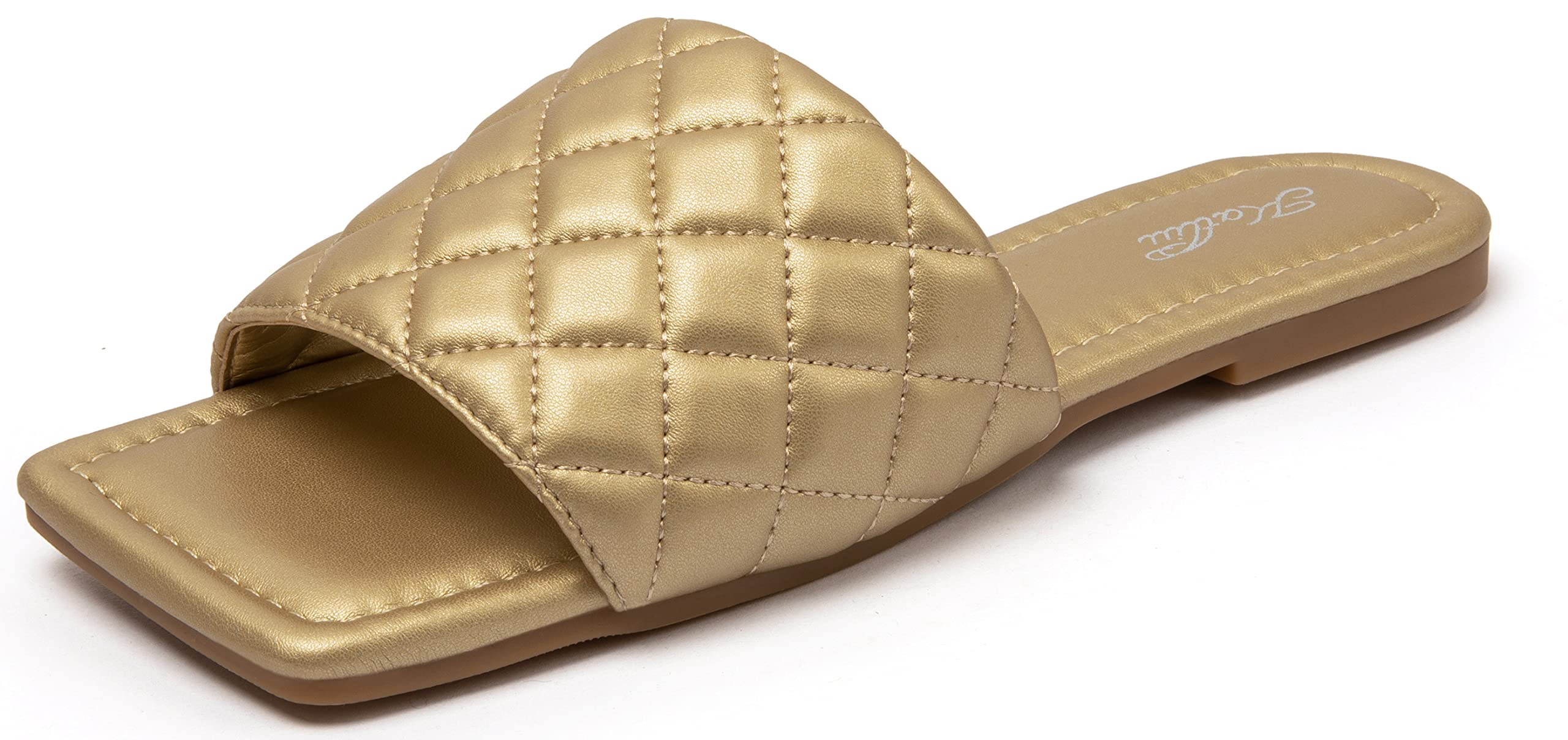 Katliu Women's Square Open Toe Flat Sandals - Slip On Slide Sandals with Woven Straps for Beach, Vacation & Summer Outfits