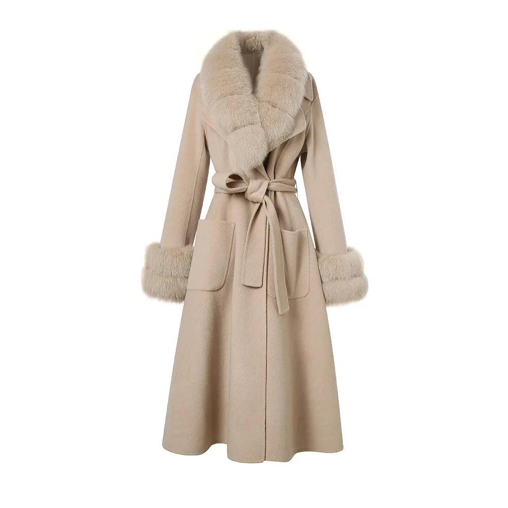 Luxury Women's Long Wool Coat with Detachable Fox Fur Collar - Winter Warm Elegant Trench Coat for Office, Party & Formal Occasions