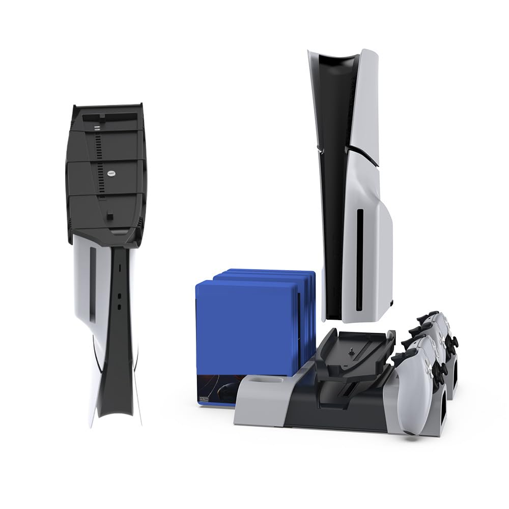 PS5/PS5 Slim Universal Cooling Stand with Dual Controller Charger - 3-Speed Cooling Fan, 10 Game Disc Storage & Media Remote Holder - Perfect for PS5 Gaming Setup & Entertainment Center Organization