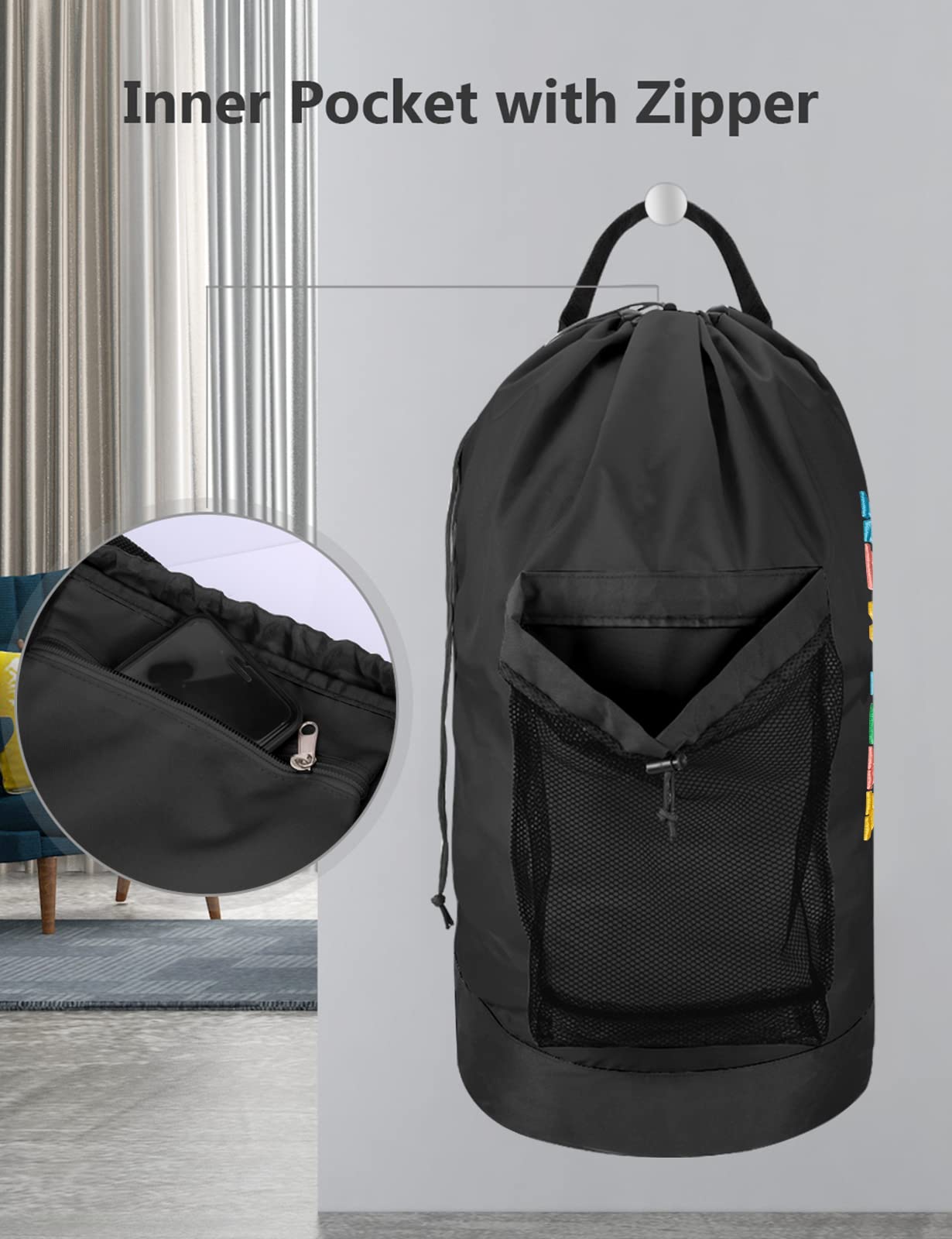 Dalykate Laundry Backpack with Shoulder Straps & Mesh Pocket - Nylon Drawstring Clothes Hamper Bag for Travel, Gym, Dorm & Camping