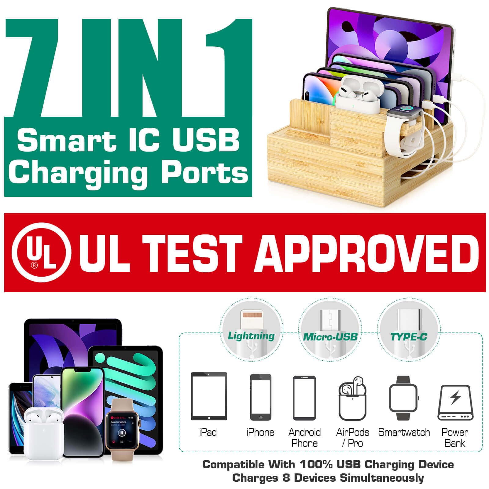 Darfoo 7-Port Bamboo Charging Station for Multiple Devices - Wooden USB Hub with Watch & Earbud Stand for iPhone, Android, iPad, Smartwatch & AirPods - Perfect for Home, Office & Nightstand Organization