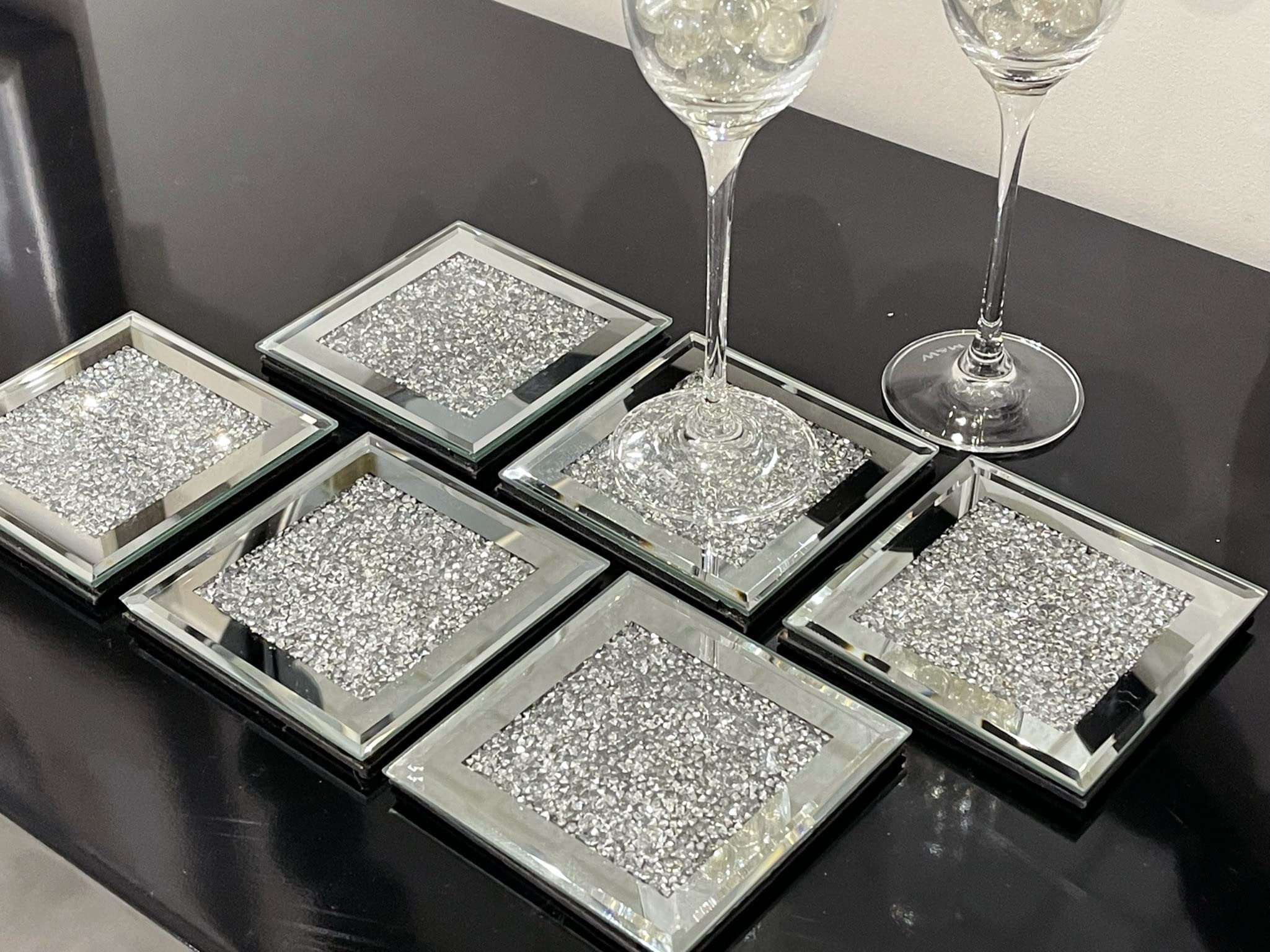 Premium 6-Piece Diamond Decor Silver Crystal Glass Coasters Set - Elegant Mirrored Square Drink Coasters (4