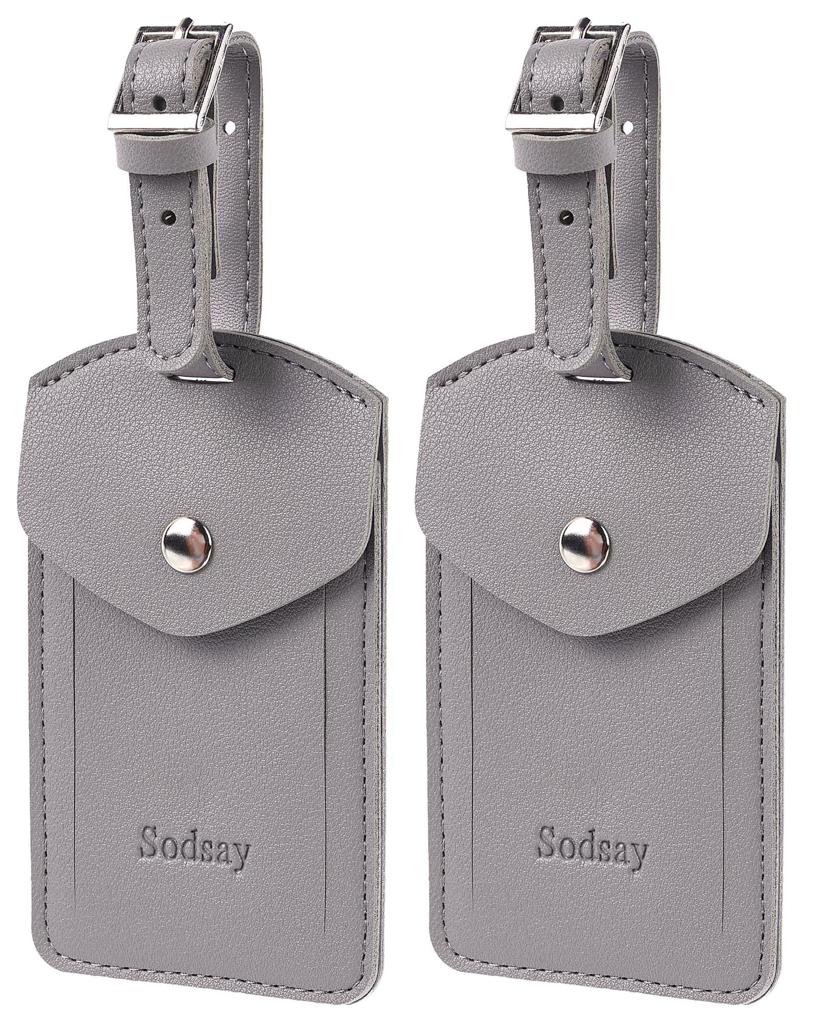 Sodsay Genuine Leather Luggage Tags for Travel - 2 Pack with Privacy Flap ID Cover - Durable Baggage Tags for Suitcases, Backpacks & Carry-Ons (Perfect for Airports, Business Trips & Vacation)