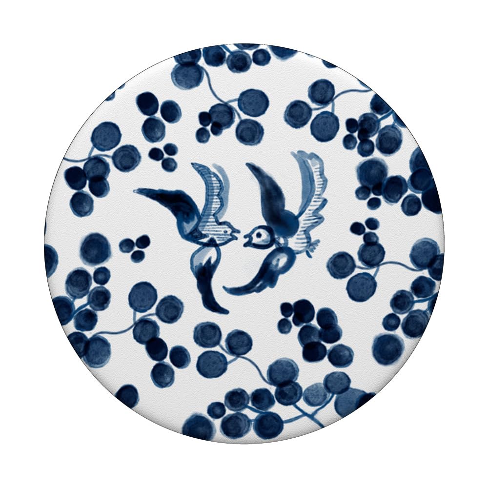 Blue and White Watercolor Birds and Blossom Painting PopSockets Adhesive PopGrip - Swappable Phone Grip for iPhone, Samsung & Smartphones - Perfect for Artists, Nature Lovers & Everyday Use