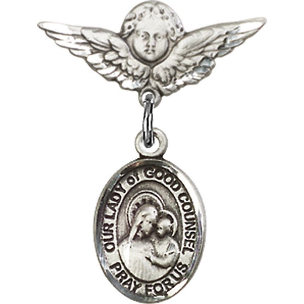 Sterling Silver Baby Badge with Our Lady of Good Counsel Charm & Angel Wing Pin - 7/8