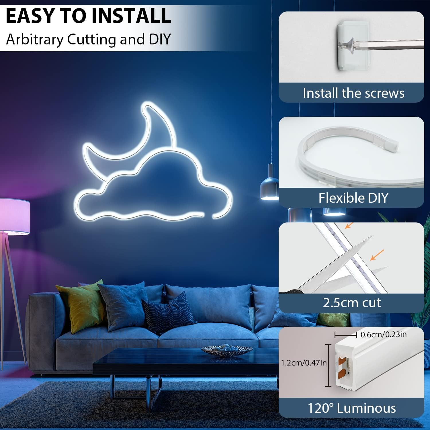 12V Cool White Dimmable LED Neon Strip Lights - 16.4ft Waterproof Silicone Rope Lights (6000K) with Power Adapter - Perfect for Bedroom, Home Decor & Indoor Lighting