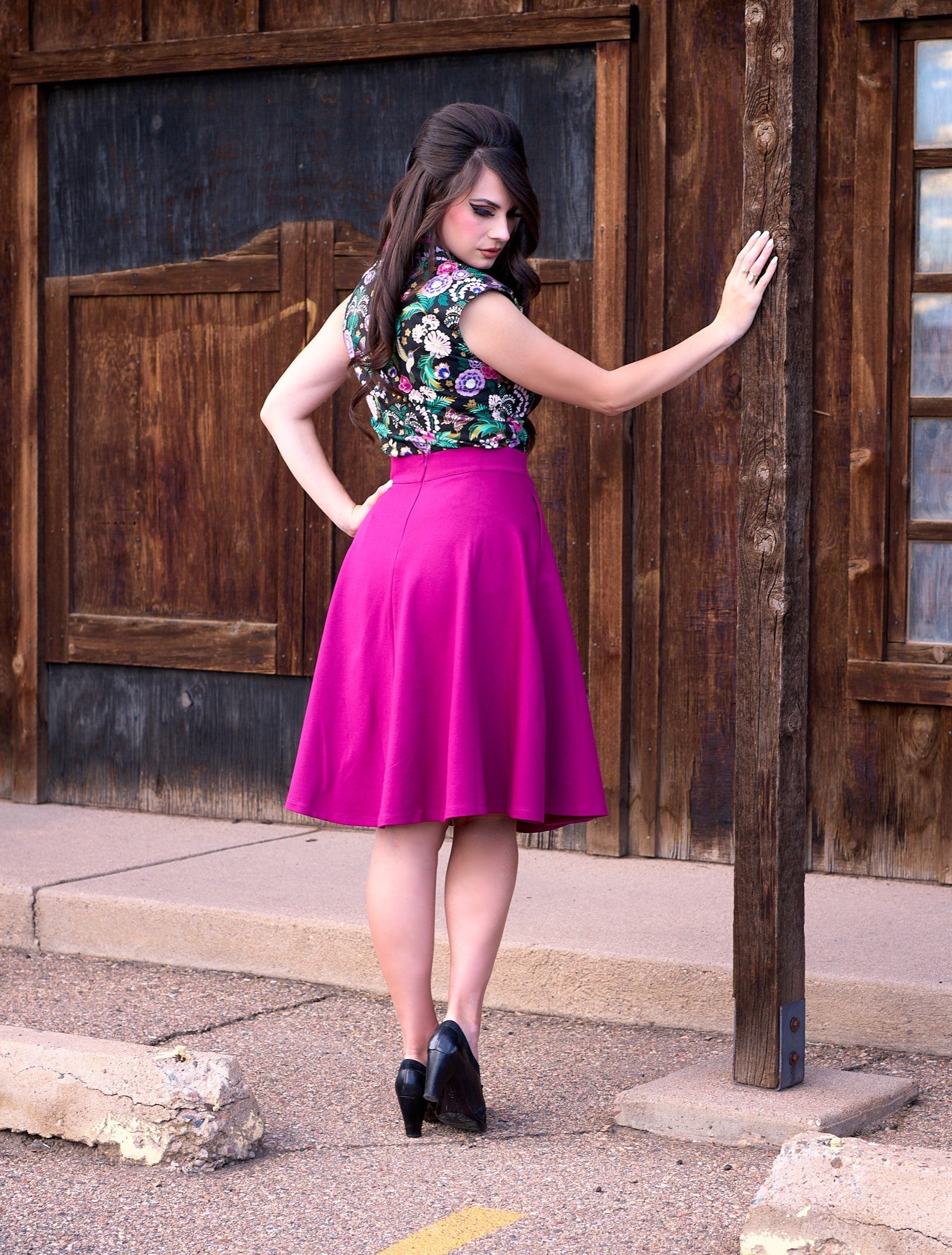 Charlotte Skirt in Magenta - Women's Floral Midi Skirt with Elastic Waist | Perfect for Spring Outfits, Office Wear & Date Nights