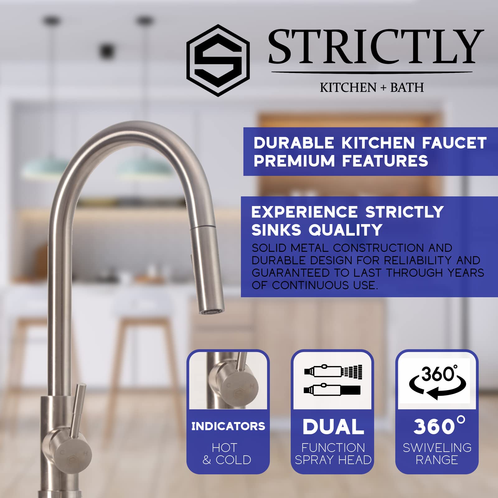 Strictly Sinks Pull Down Kitchen Faucet - Brushed Nickel Laundry Faucet with 360° Swiveling Spout & Dual Spray Modes for Kitchen, Bar & Utility Sink | Perfect for Washing Dishes, Filling Pots & Cleaning Tasks