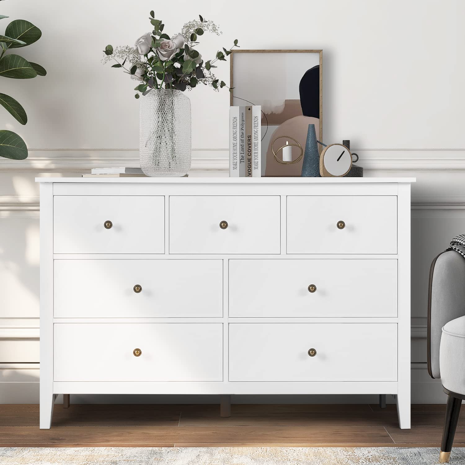 3-Piece Modern White Wooden Bedroom Set with 7-Drawer Dresser & 2-Drawer Nightstands - Perfect for Master Bedroom, Guest Room & Apartment Decor