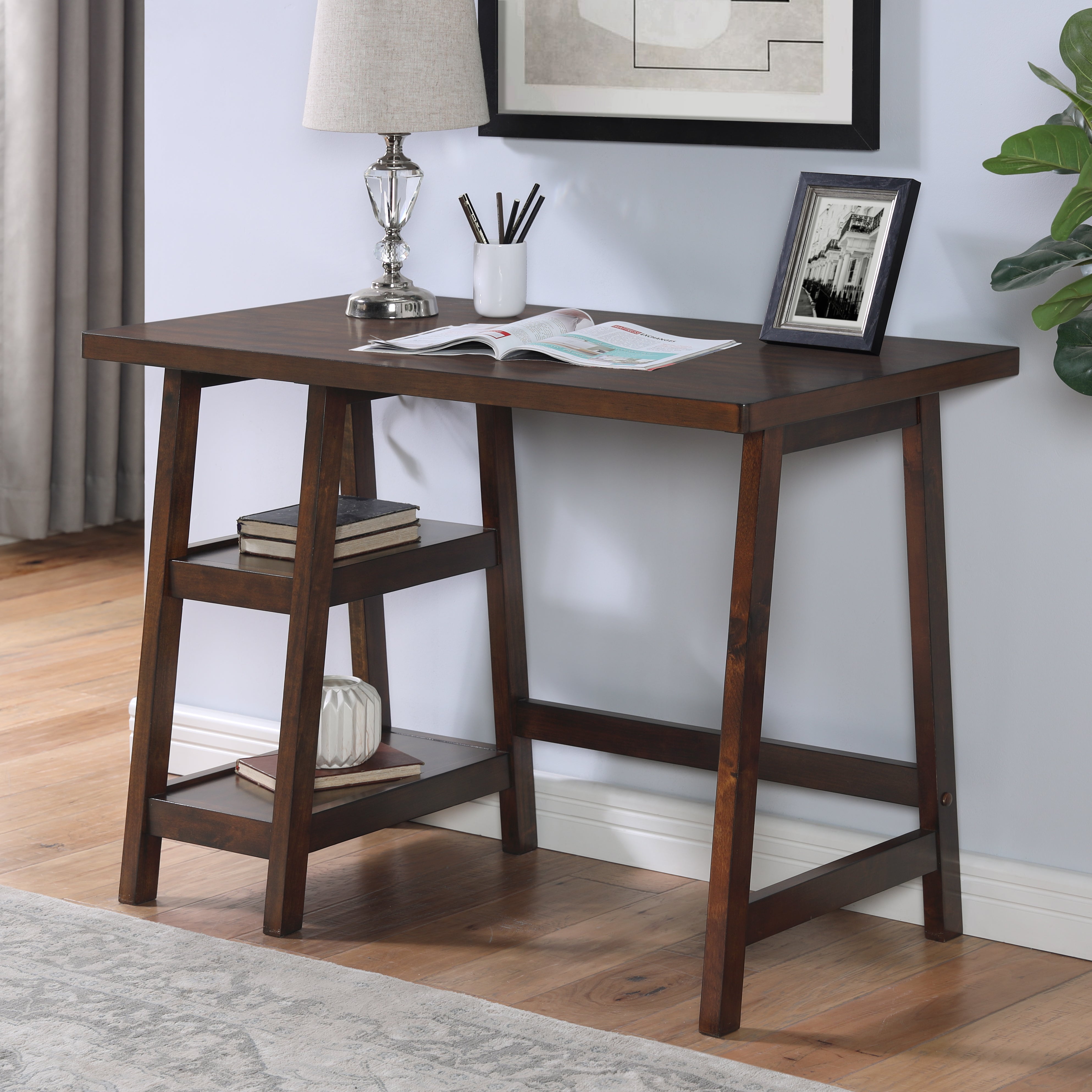 Roundhill Furniture Redina Contemporary Wood Writing Desk with Storage, Espresso Finish - Modern Home Office Desk for Small Spaces, Study & Workstation