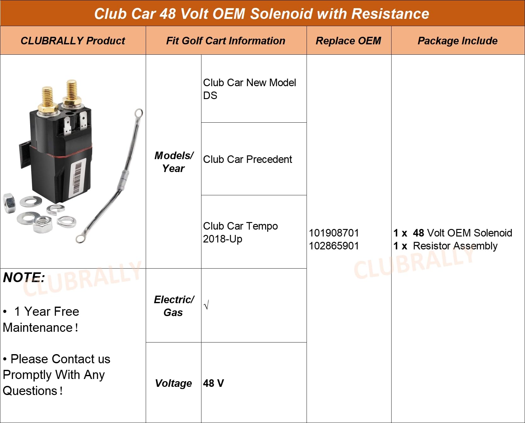 48V OEM Solenoid with Resistance for Club Car DS, Precedent & Tempo Golf Carts - OEM#102865901, 1014947 - Perfect for Golf Cart Maintenance & Upgrades