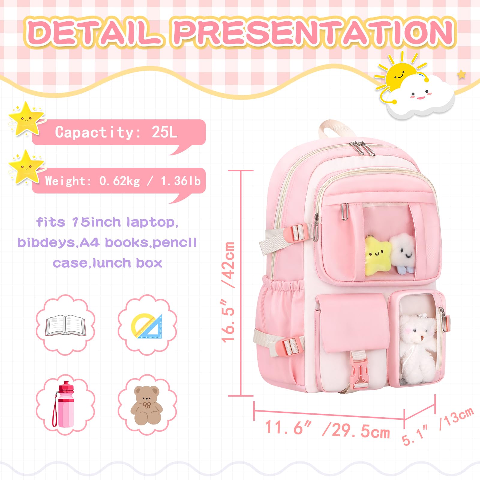 Kawaii Clear Backpack 5-Piece Set for School - Cute Aesthetic Preppy Backpack with Pendant for Girls & Boys (Cream Pink) | Perfect for Elementary Students, School Supplies, and Trendy Fashion Accessories