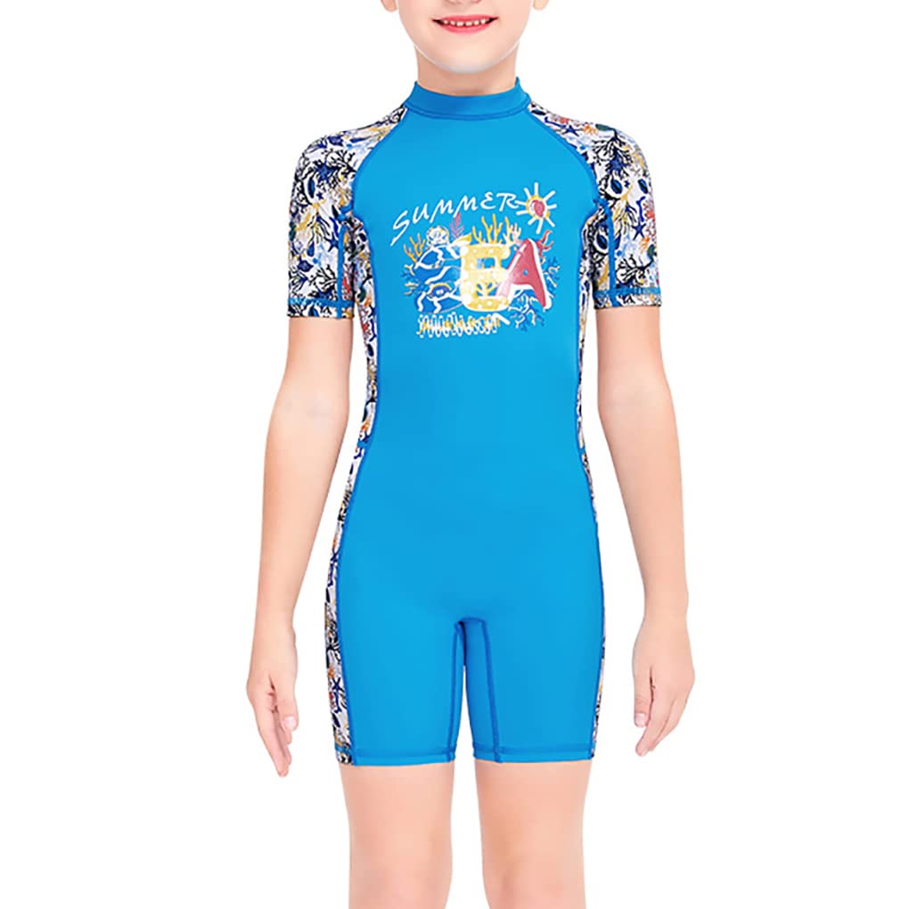 UV Protection Kids Short Sleeve Wetsuit for Girls - Blue Round Neck Diving Swimsuit, Size M - Perfect for Swimming, Snorkeling & Beach Activities