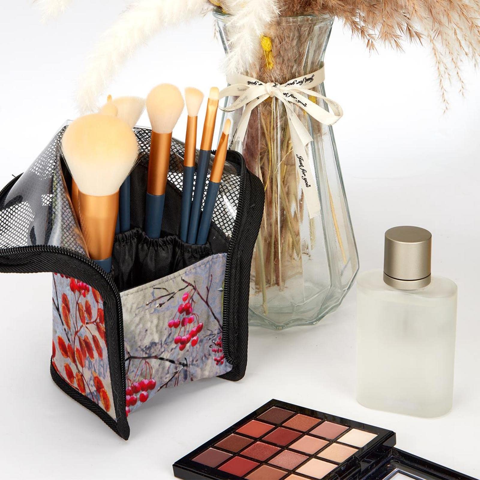 Watercolor Red Tree Leaves Bird Makeup Brush Organizer Bag with 12 Brushes - Portable Travel Makeup Brush Holder Case for Professional Artists & Beauty Enthusiasts (Perfect for Home, Travel & Salon Use)