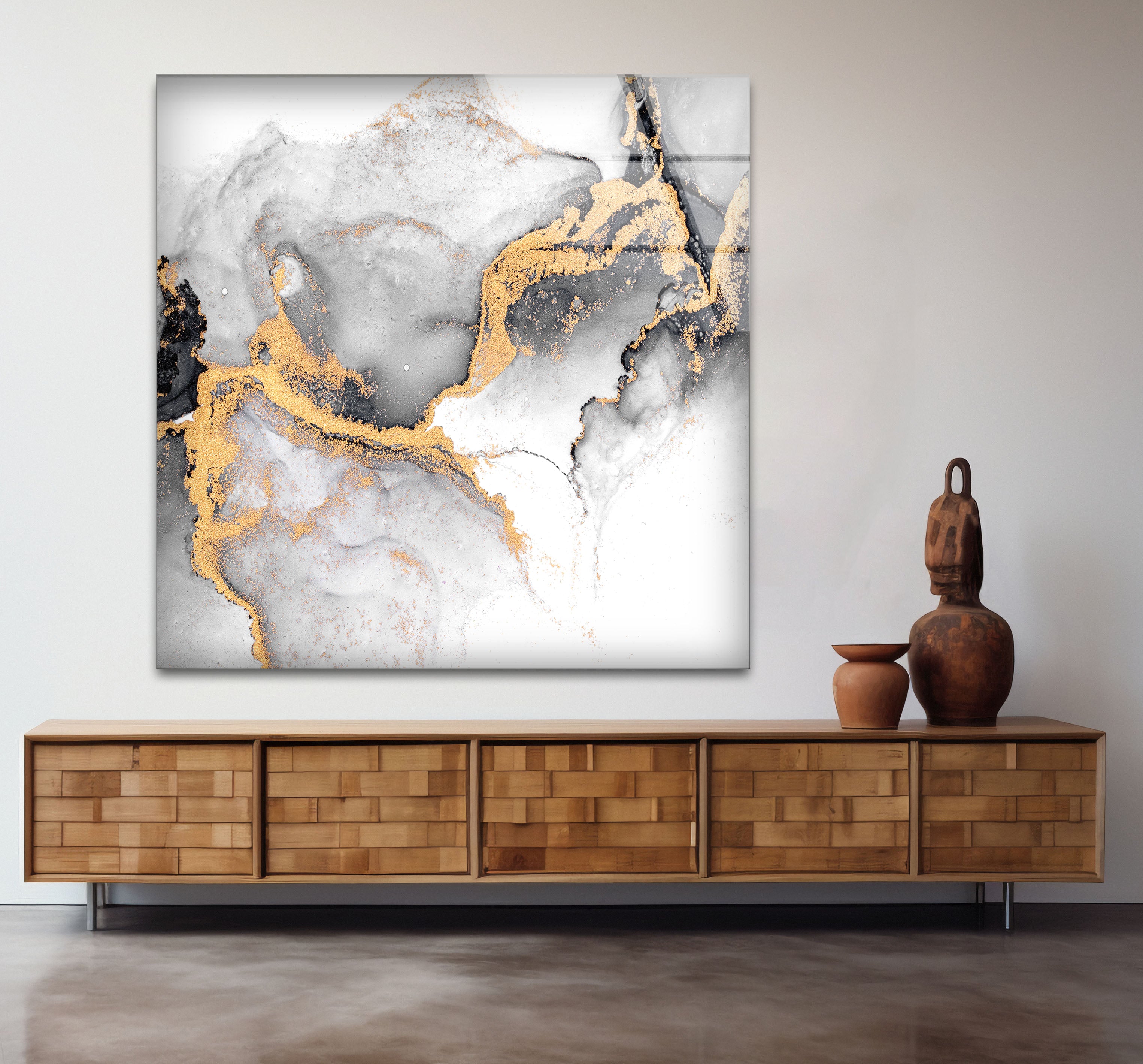 Black White and Gold Abstract Wall Art - Minimalist Glass Print for Modern Home & Office Decor | Perfect for Living Room, Bedroom & Office Spaces