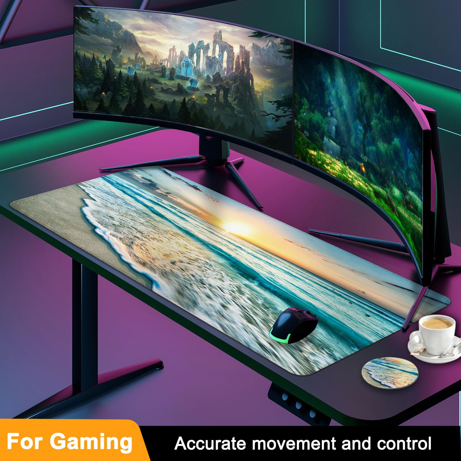 Extra Large Gaming Mouse Pad with Cup Holder - 31.5x15.6 Inch Non-Slip Desk Mat for Computer, Keyboard & Laptop - Stitched Edge Office Desk Protector (Beach Design) - Perfect for Gaming Setups & Home Office Workspaces