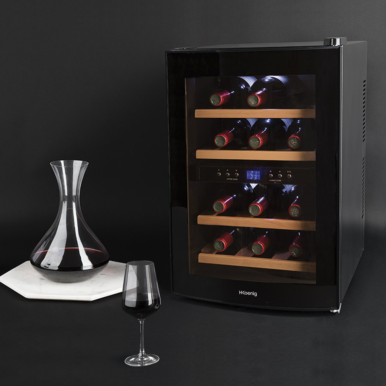 H.Koenig AGE12WV 12-Bottle Wine Cooler with Dual Temperature Zones (8-18°C) - 34L Capacity, 4 Adjustable Shelves, Ultra-Quiet 74dB Operation - Perfect for Home Bars, Restaurants & Wine Cellars