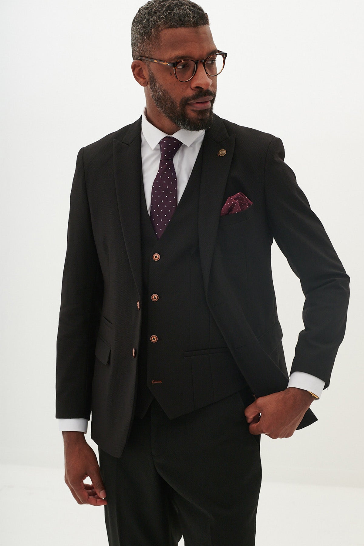 Premium Black Three-Piece Suit with Contrast Buttons for Men - Formal Business Attire, Wedding & Special Occasions