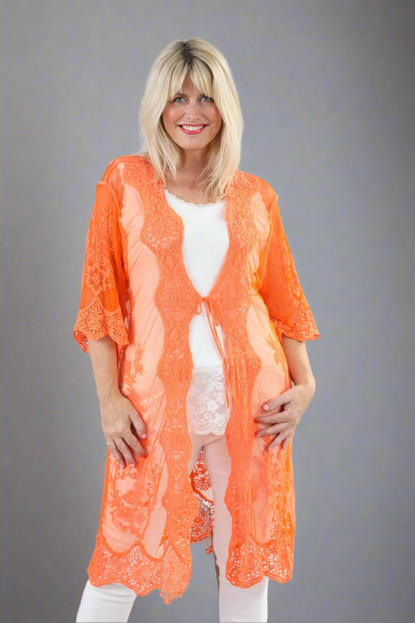 Peacock Sheer Cardigan Tangerine - Lightweight Open Front Cover Up for Women | Perfect for Spring, Summer, Beach & Evening Wear