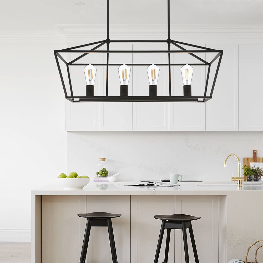 VINLUZ 4-Light Black Industrial Farmhouse Chandelier - Metal Linear Kitchen Island Pendant Light Fixture for Dining Room, Living Room, Stairway & Bar - Perfect for Modern Farmhouse, Loft & Industrial Style Decor