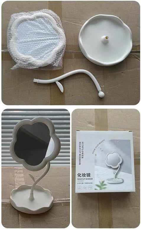 7Seas Sunflower Shaped Vanity Mirror with Jewelry Hooks - Portable Desktop & Wall Mount Makeup Mirror with Tray for Bedroom, Bathroom, Dressing Table - Perfect for Travel, Bridal Makeup & Home Decor
