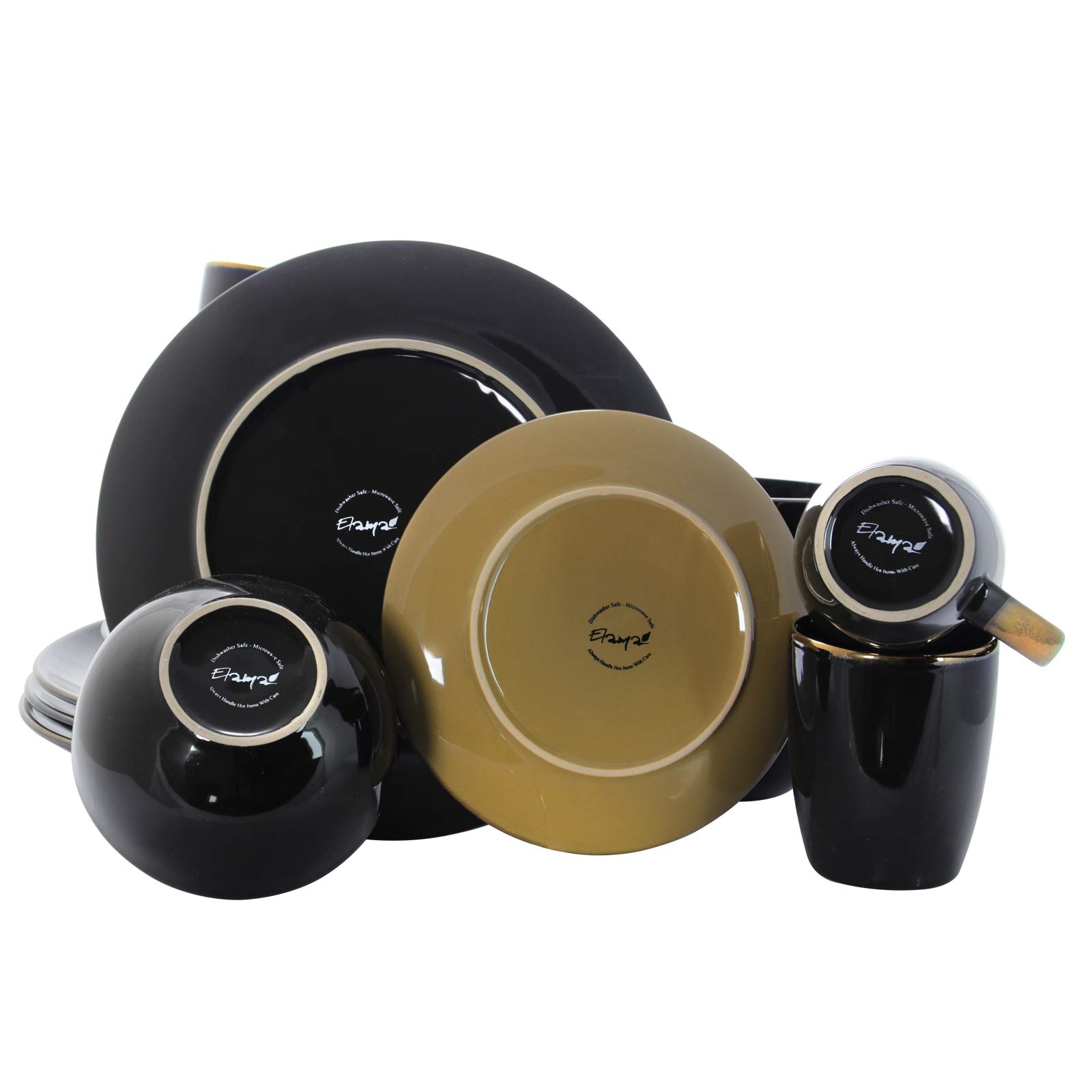 Elama 16-Piece Round Stoneware Dinnerware Set - Black & Warm Taupe | Durable Stone Dish Set for Everyday Dining, Dinner Parties & Restaurant Use