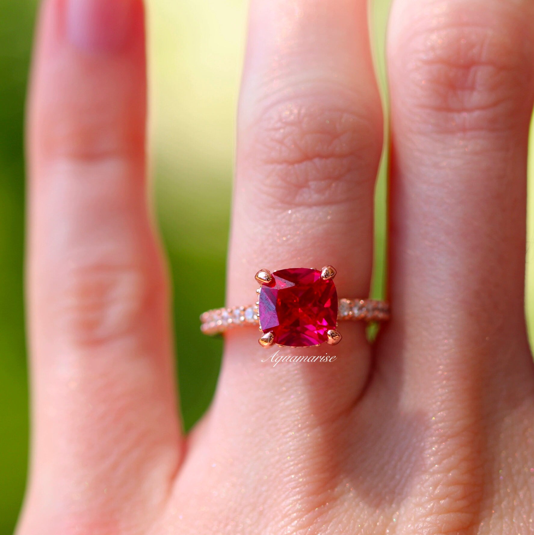 14K Rose Gold Vermeil Hidden Halo Ruby Ring - Elegant Cushion Cut Engagement Ring for Women, Perfect for Proposals, Anniversaries & Special Occasions