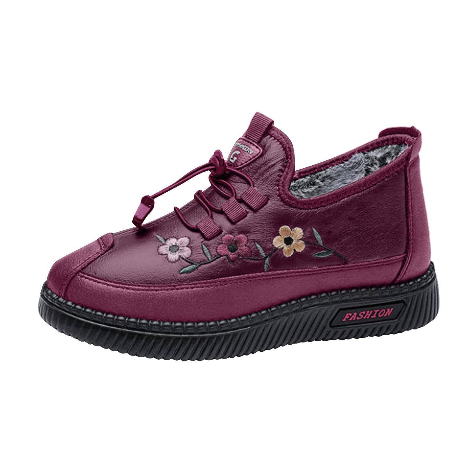 Breathable Plush Women's Winter Boots - Slip-On Casual Shoes with Heel for Hiking & Outdoor Activities (Wine, Size 9) | Warm Thermal Flat Booties for Cold Weather Walking & Fashion