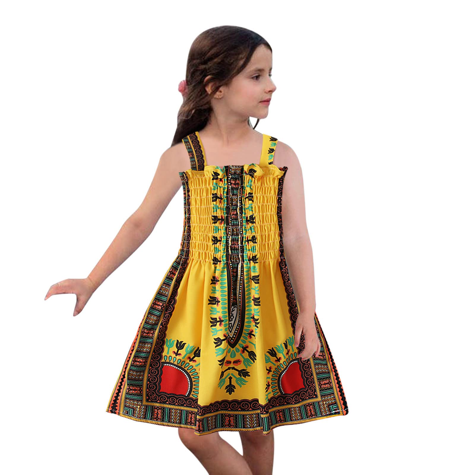 African Traditional Style Toddler Girls Sleeveless Suspenders Dress - Ankara Print Easter Dress for Kids Size 7 - Perfect for Cultural Events, Birthday Parties & Family Gatherings