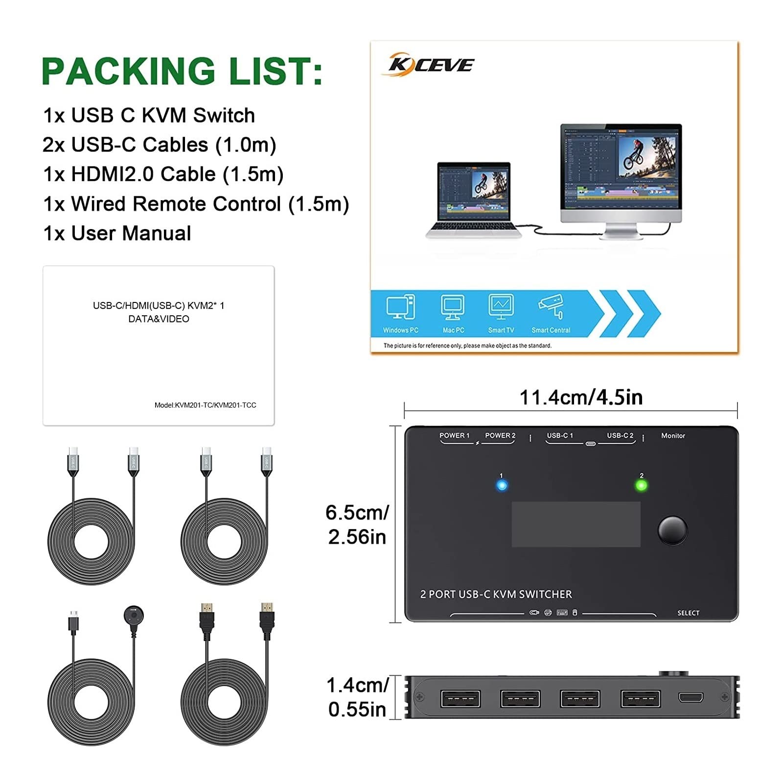 2-Port USB-C KVM Switch 4K HDMI 2-in-1-Out for Dual Computers - Share Keyboard, Mouse, Printer & Display Between 2 PCs with PD Charging - Plug & Play for Home Office & Gaming Setup