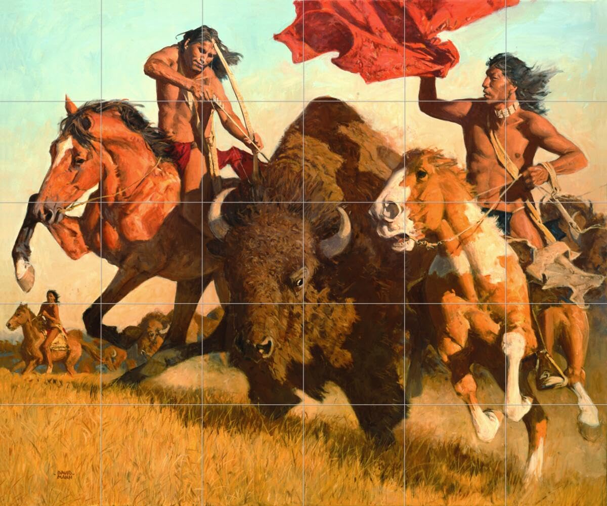 Hand-Painted Ceramic Backsplash Tile Mural - Native American Buffalo Hunt Art by David Mann for Kitchen & Bathroom Decor | Rustic Southwestern Wall Art for Home Renovation