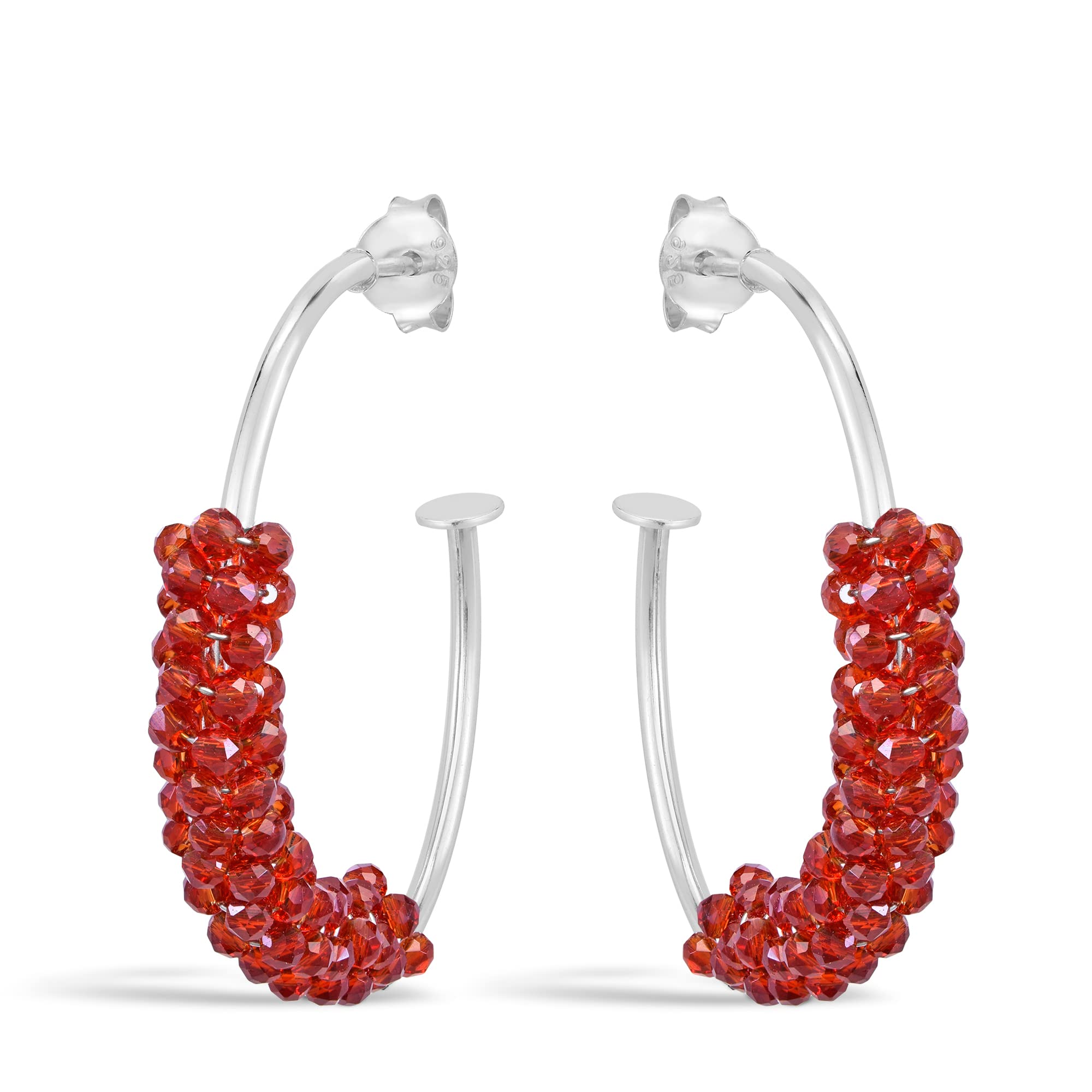Boho Sparkle Bright Red Crystal Beads Sterling Silver Open Hoop Earrings for Women - .925 Silver Fashion Jewelry, Elegant Dangle Earrings for Party, Wedding & Everyday Wear