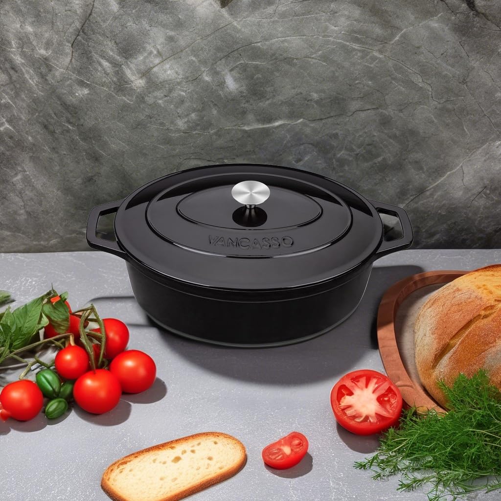 Vancasso Enameled Cast Iron Oval Dutch Oven - 9.3 Quart Non-Stick Enamel Coated Pot with Lid - Perfect for Bread Baking, Soups, Stews & Camping - Black Double Handle Cookware for Oven & Stovetop Use