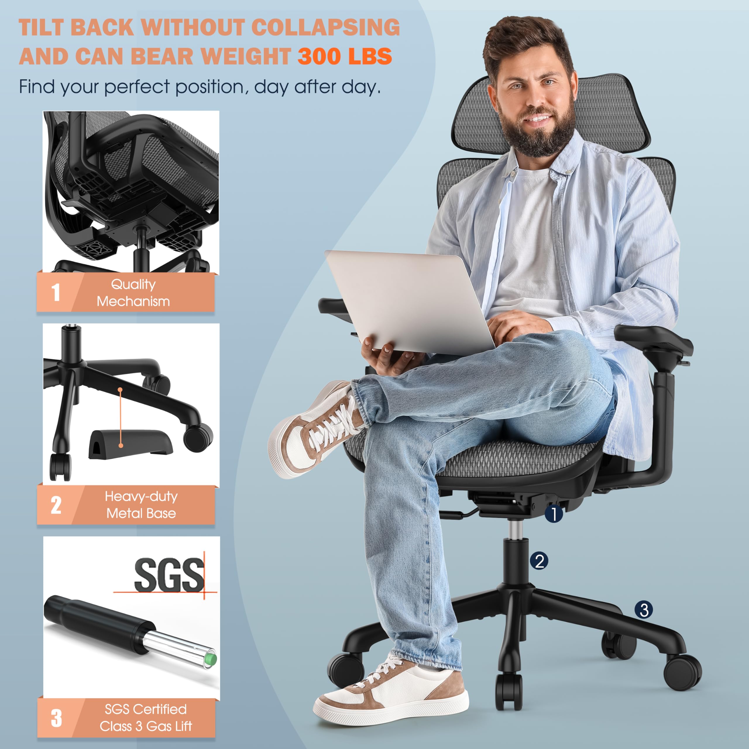 T11 Ergonomic Office Chair - High Back Desk Chair with Adjustable Lumbar Support, Magic Armrests & Wide Headrest - Comfortable Executive Mesh Chair for Home Office - Perfect for Long Work Hours & Gaming Sessions
