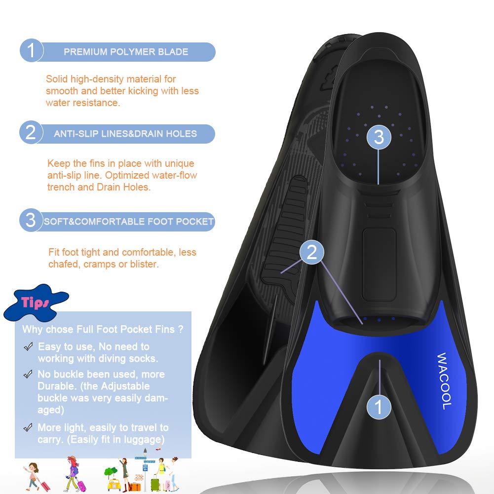 WACOOL Adult Short Blade Swim Fins - Lightweight Full Foot Pocket Flippers for Snorkeling, Scuba Diving & Swimming Training | Travel Size Gear for Pool, Beach & Ocean Adventures