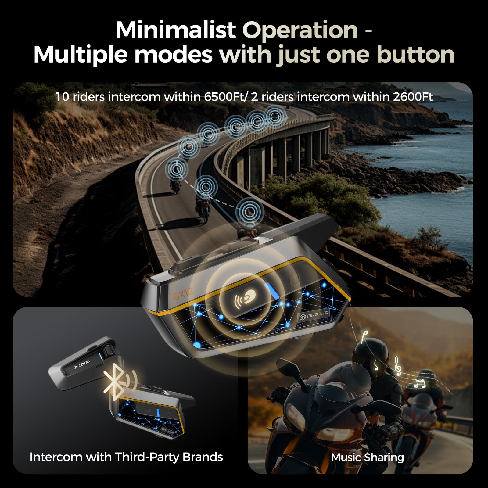 Gearelec Motorcycle Bluetooth Headset - 10 Rider Mesh Intercom System (2000M Range) with HiFi Sound, RGB Lights & Music Sharing | 1000mAh Battery | Perfect for Group Rides, Commuting & Adventure Touring