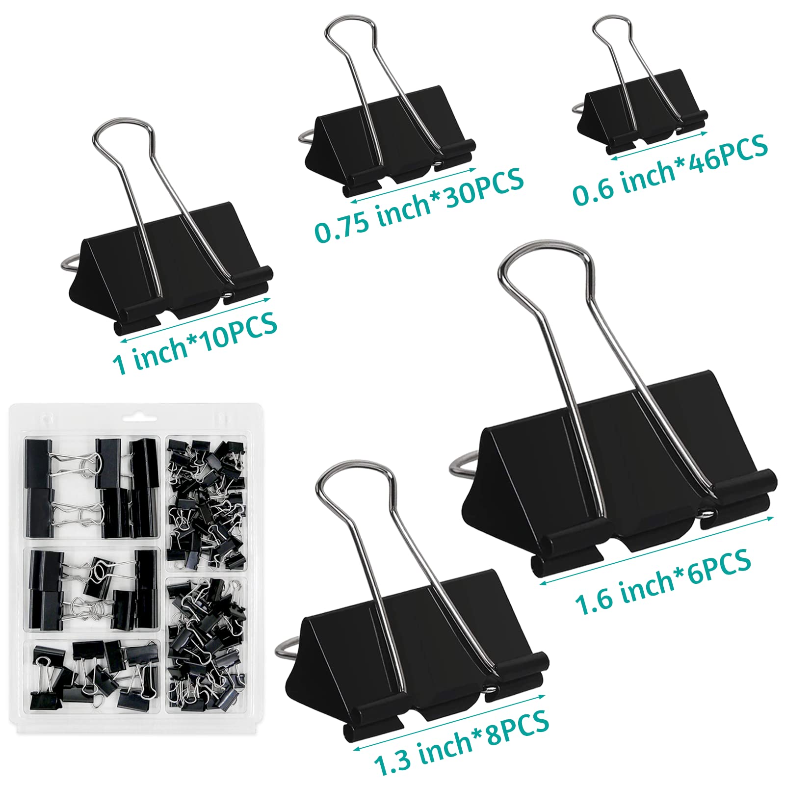 OWLKELA 100 Pcs Black Binder Clips - Assorted Sizes Metal Paper Clamps for Office, School & Home Organization | Perfect for Documents, Files, Notes & DIY Projects