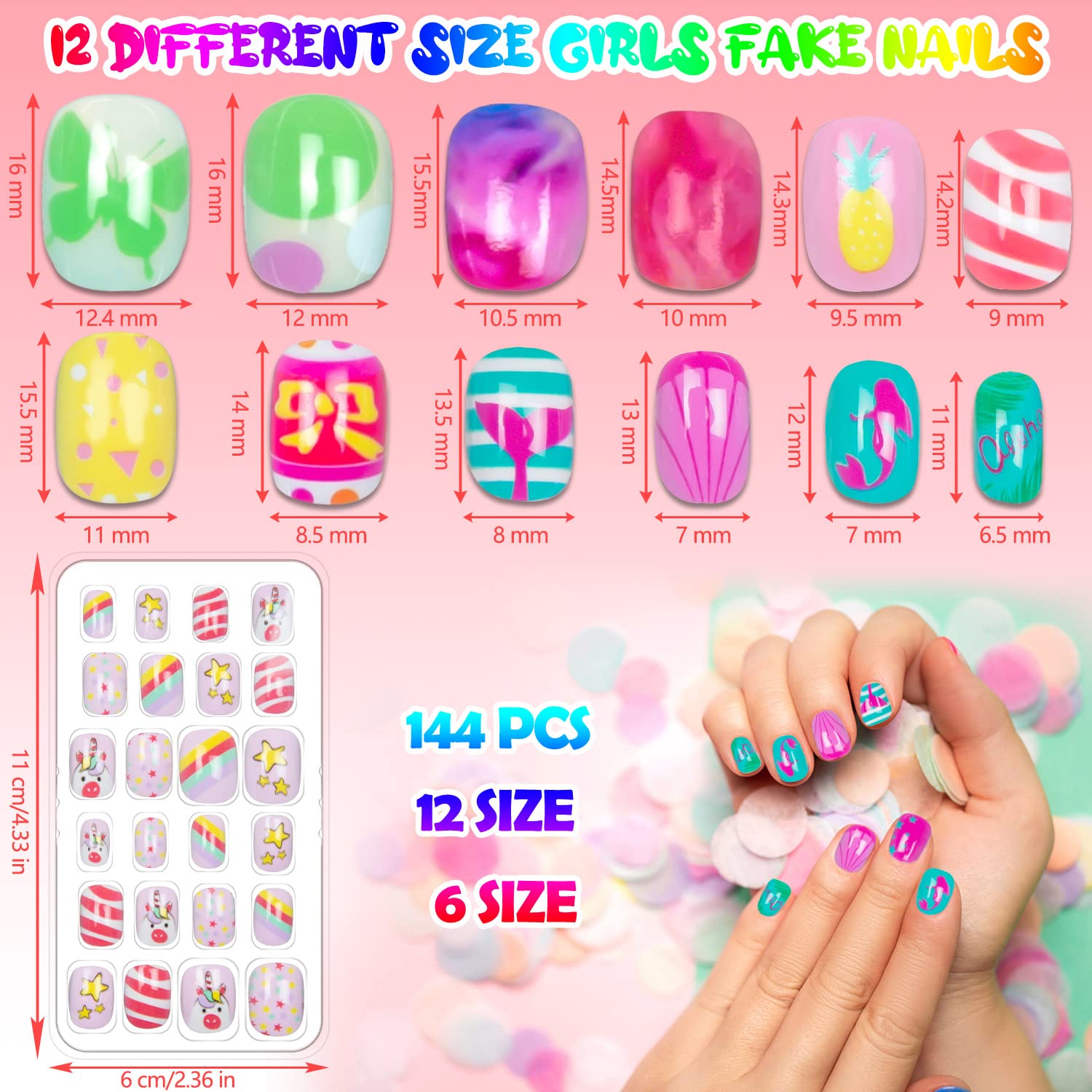 144 Pieces Kids Press on Nails - Short Acrylic Fake Nails for Girls with Lovely Patterns | Full Cover Artificial Nail Tips Kit | Perfect for Birthday Parties, Playdates & Nail Art Fun