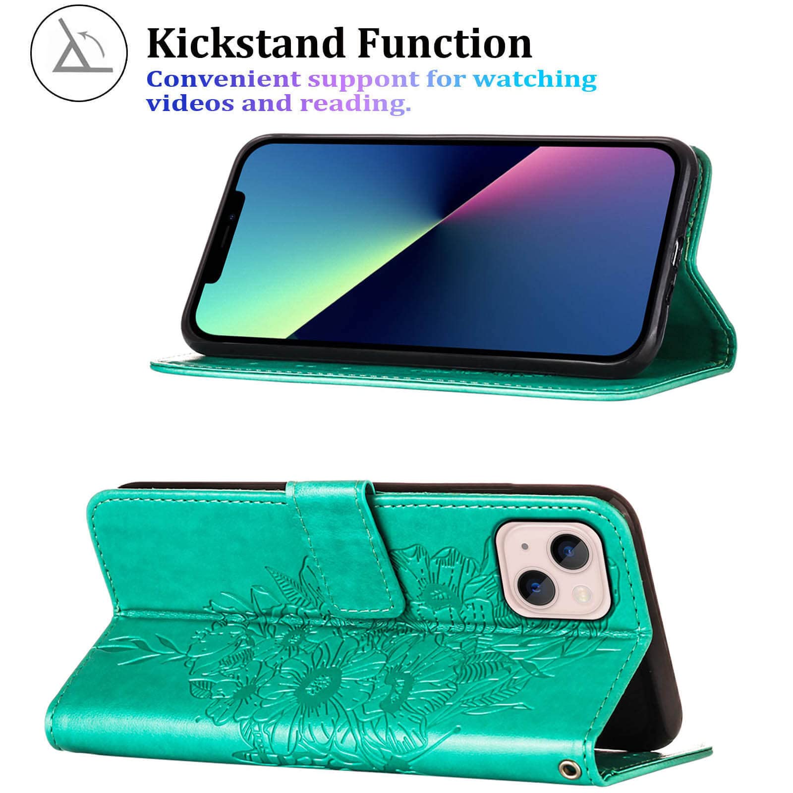 Butterfly Floral Embossed Leather Wallet Phone Case for iPhone 13/14 with Wrist Strap, Card Holder Slots & Stand - Protective Flip Cover (Green) | Perfect for Everyday Use, Travel & Hands-Free Viewing