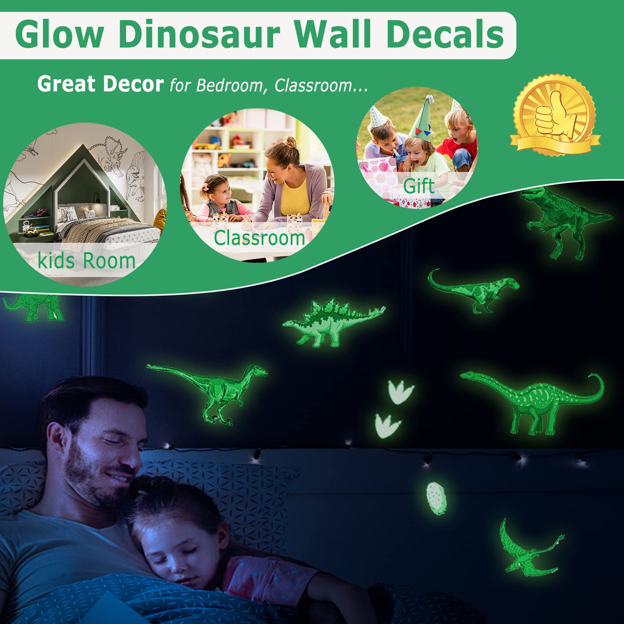 Glow in The Dark Dinosaur Wall Decals - Self-Adhesive Removable Glowing Dinosaur Stickers for Kids Room, Nursery & Ceiling Decor - Perfect for Boys, Girls Bedroom & Baby Gifts - Fun Nighttime Glow Decor for Playrooms & Themed Parties