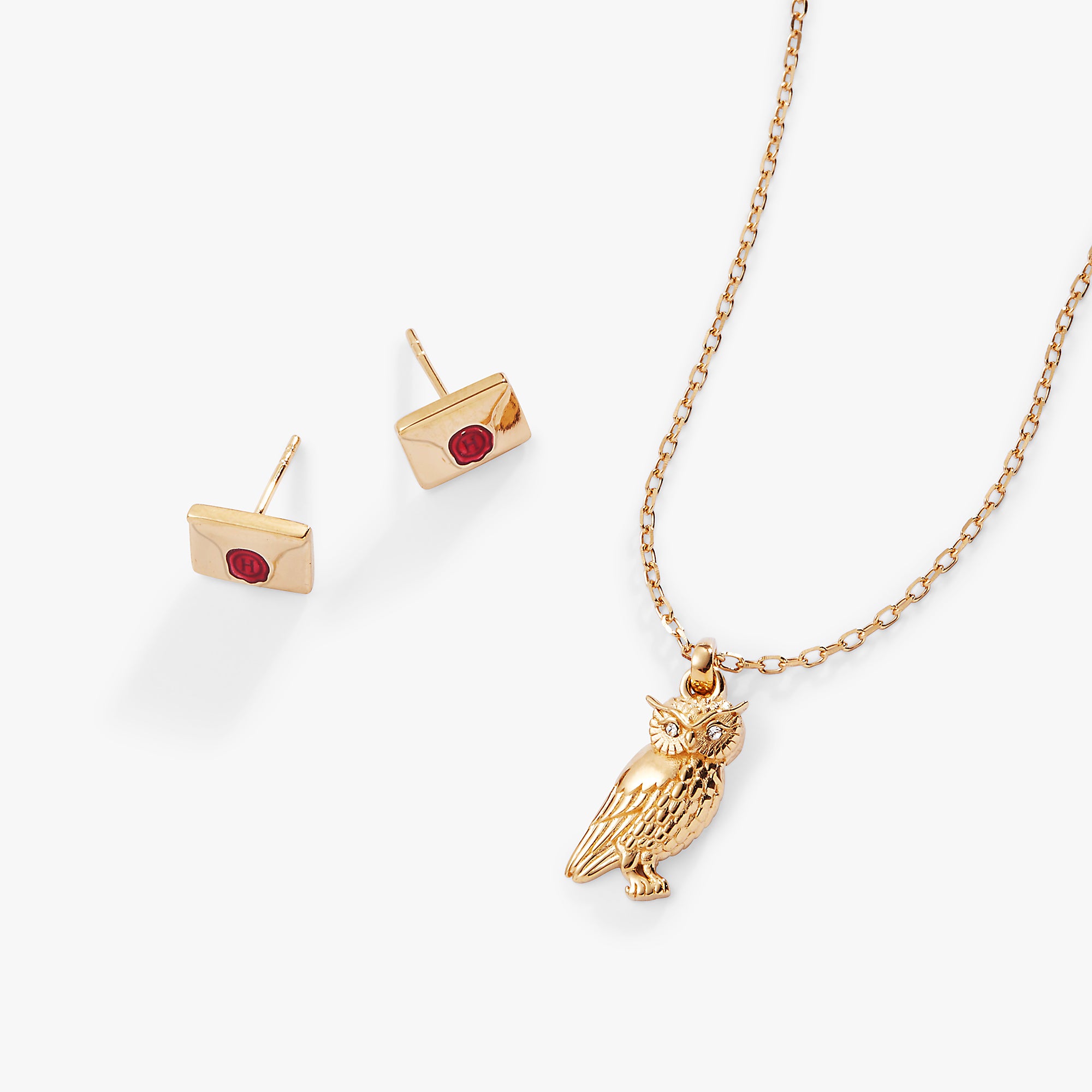 Harry Potter™ Owl and Hogwarts Letter Necklace & Earrings Set - 14K Gold Plated Jewelry for Women - Perfect for Cosplay, Gift Giving, and Harry Potter Fans