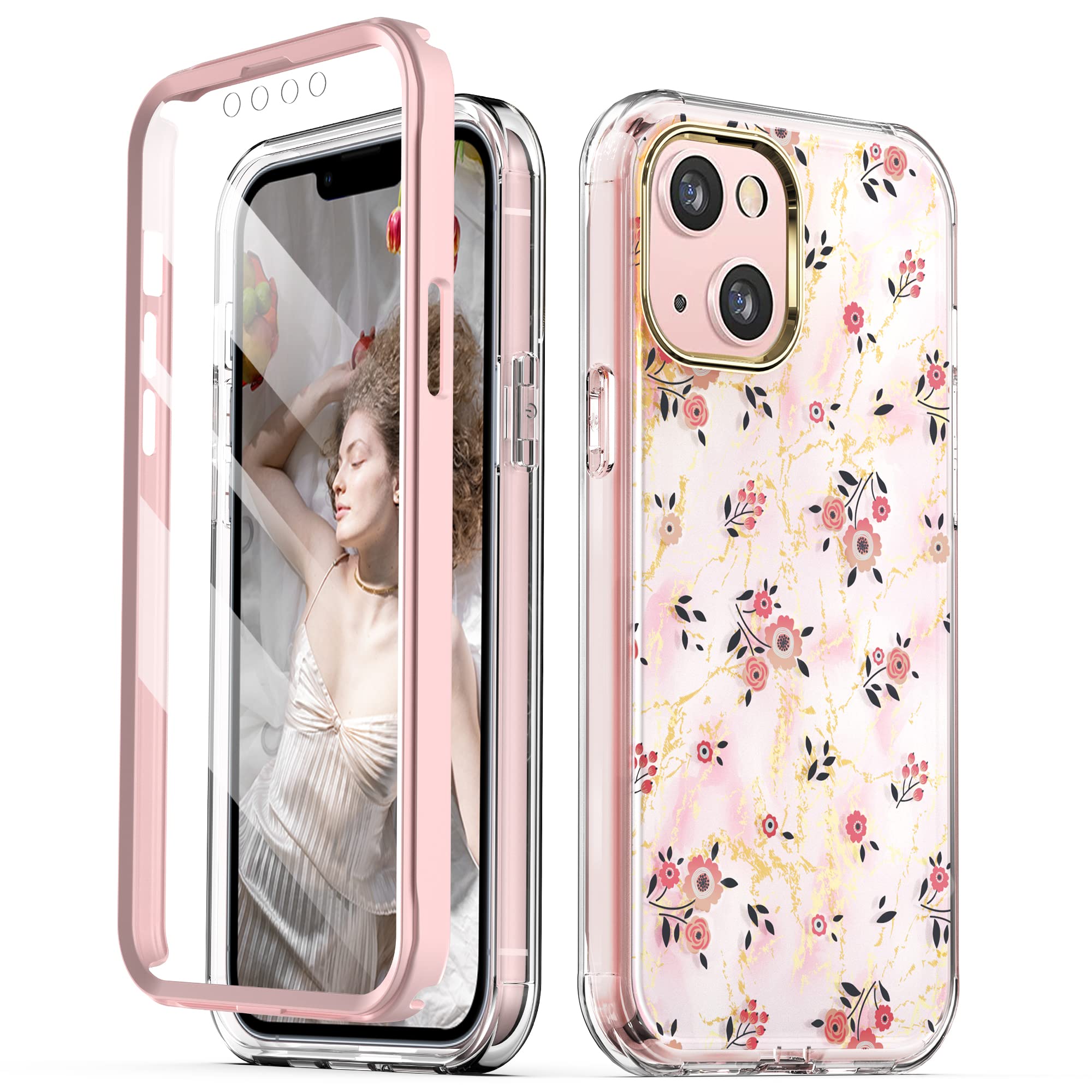 Shockproof iPhone 14/13 Case 6.1 Inch with Built-in Screen Protector - 360° Full Body Protection, Dual Layer Bumper Design, Hard PC & Soft TPU Marble Flower Pattern Phone Cover for Women & Girls (Pink) - Perfect for Daily Use, Travel, and Outdoor Activities