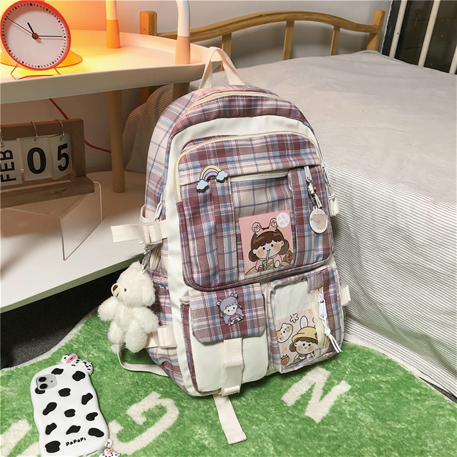 Cute Waterproof Grid Backpack for Girls & Women - Stylish High School Bags for Teen Students, Travel Rucksack with Badge Pendant (Red) - Perfect for School, College, Travel & Daily Use
