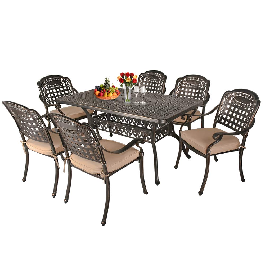 TITIMO 7-Piece Outdoor Dining Set - All-Weather Cast Aluminum Patio Furniture with 1 Rectangle Table & 6 Chairs, Khaki Cushions & Umbrella Hole - Perfect for Garden, Deck, Backyard, Poolside & Outdoor Entertaining