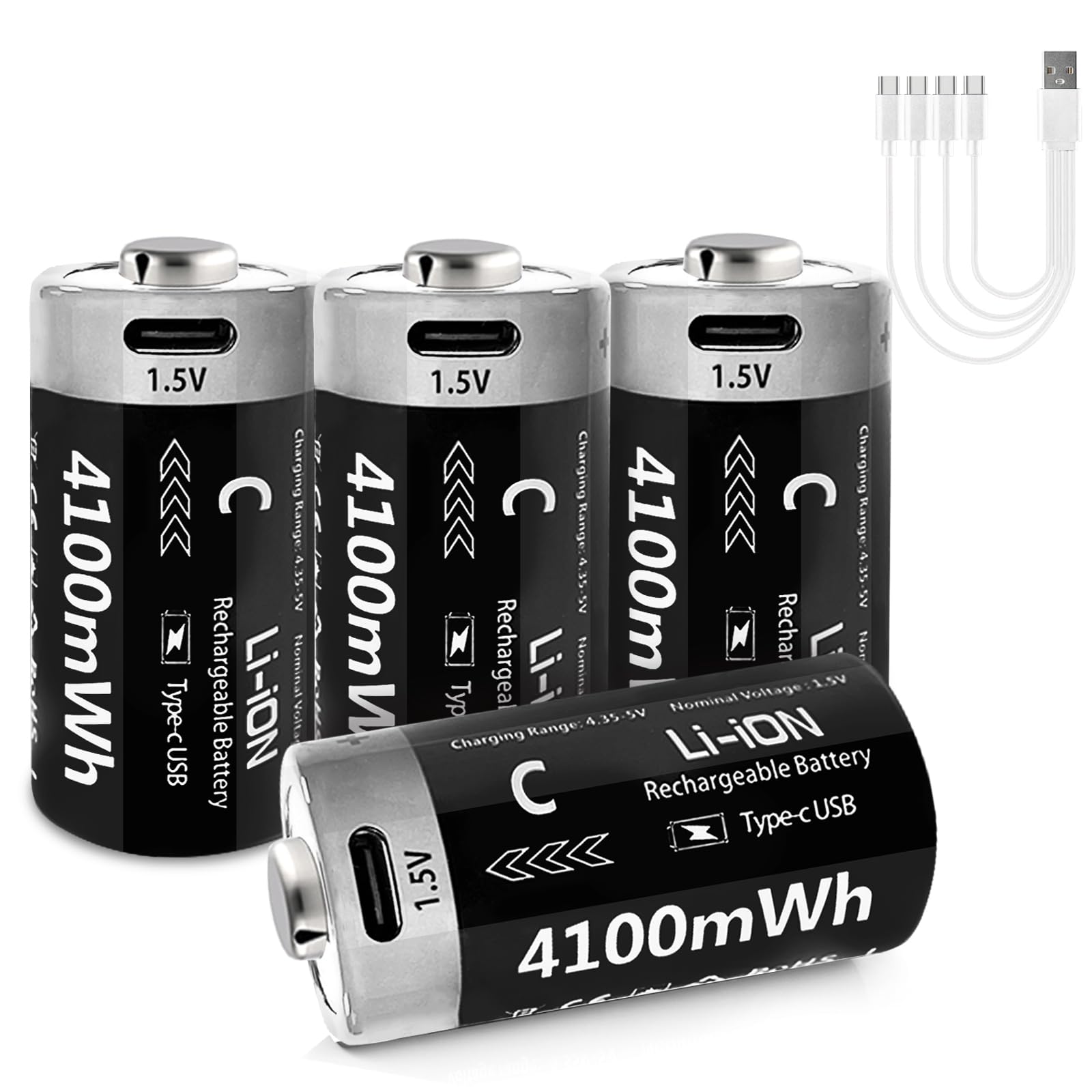 Rechargeable 1.5V Lithium C Batteries with USB-C Cable - 4100mWh C Size Li-ion Batteries (4 Pack) for Flashlights, Lanterns, Camping Gear & Emergency Power Supply