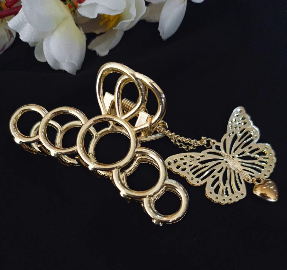 ANNACREATIONS Golden Circle Large Metal Butterfly Hair Clip with Tassel - Elegant Hair Claw Clutch for Women & Girls (Style-7) | Perfect for Weddings, Parties and Everyday Hair Accessories