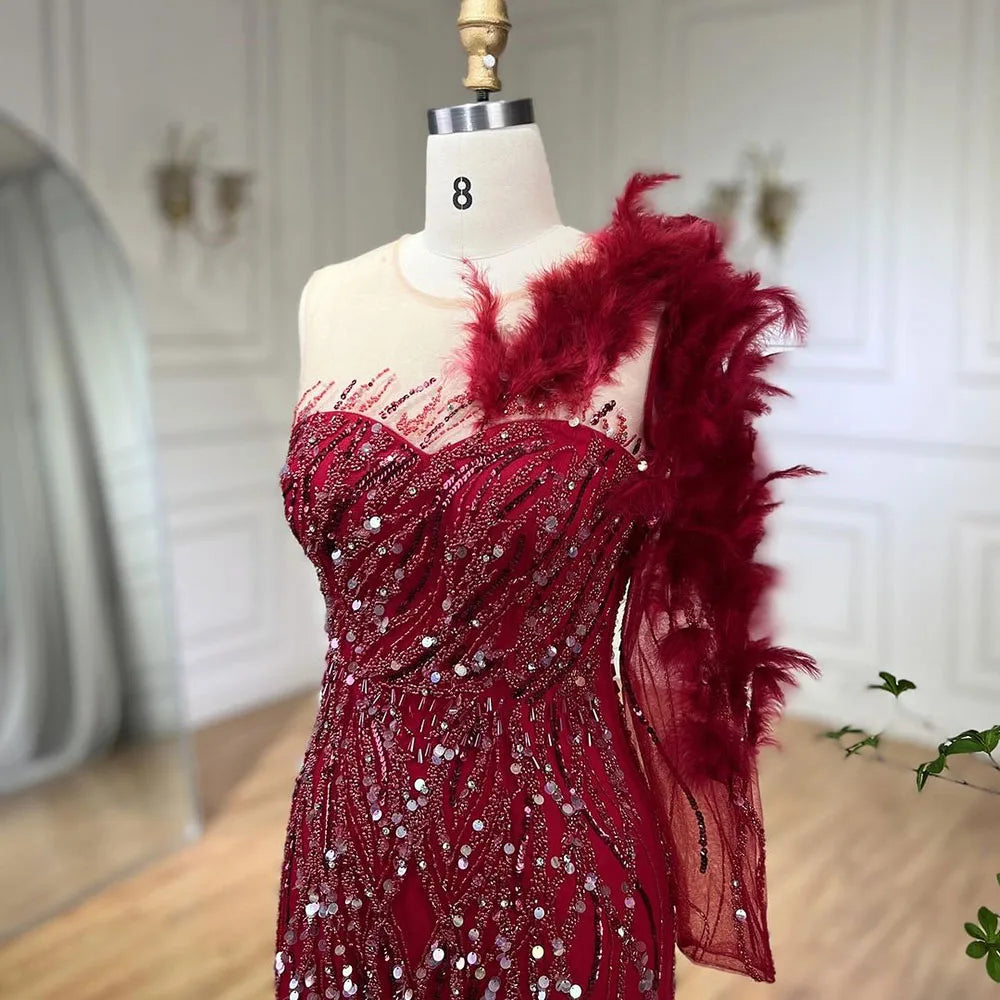 Elegant Arabic Wine Red Mermaid Evening Gown with Feathers & Beading - Luxury Women's Formal Dress for Weddings, Parties & Special Occasions - Perfect for 2025 Events & Red Carpet Glamour