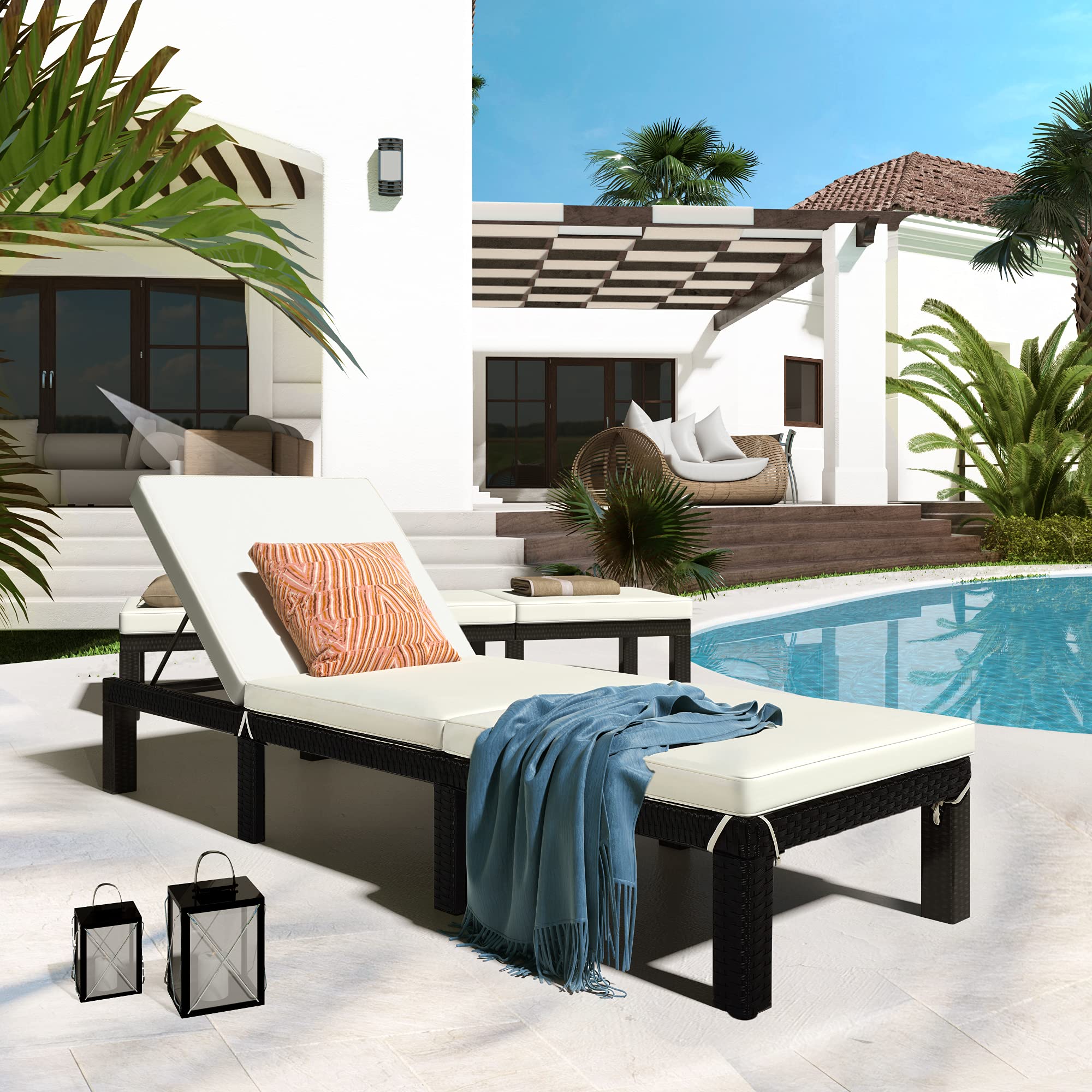 **Adjustable PE Rattan Wicker Chaise Lounge Chair - Outdoor Patio Furniture Set for Poolside, Porch & Garden - Beige & Black Sunbed (1-Piece) - Perfect for Relaxing, Sunbathing & Lounging**