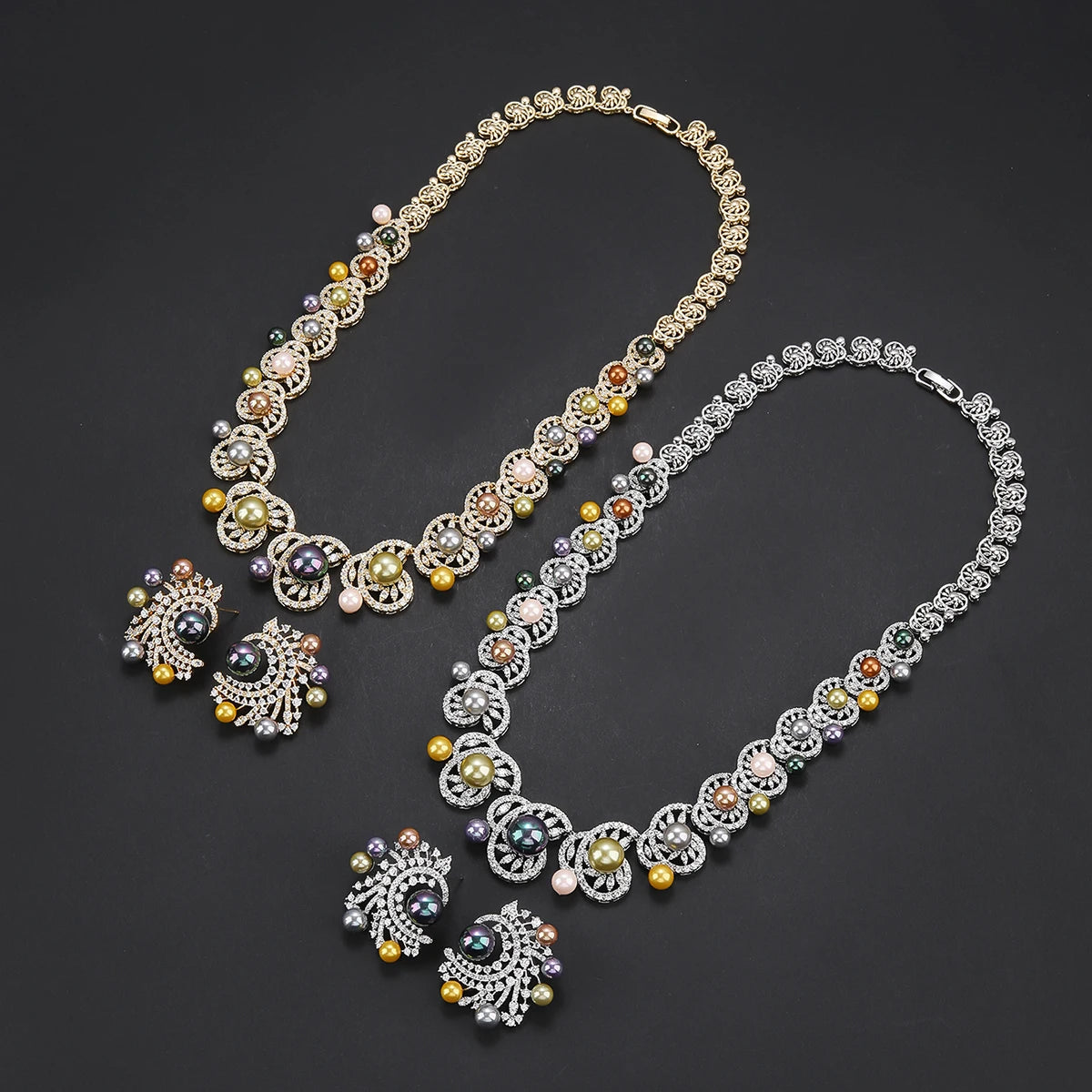 Luxury 7-Color Pearl Choker Necklace & Earrings Set with White Cubic Zirconia - Wedding, Bridal Party Jewelry for Women - Perfect for Formal Events, Anniversaries and Special Occasions