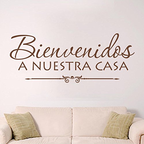Spanish Vinyl Wall Decal - Family Quote Home Art Decoration 'Bienvenidos A Nuestra Casa' (Welcome to Our Home) in Brown - Perfect for Living Room, Nursery & Entryway Decor